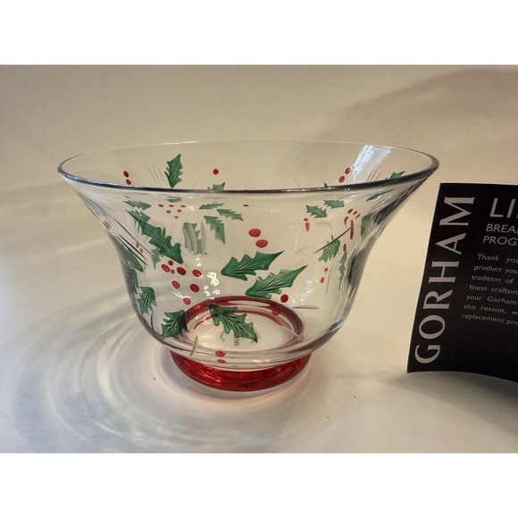 Gorham Other - Gorham Festive Holly Candy Dish Hand Cut Painted 5" Diameter Christmas Glass